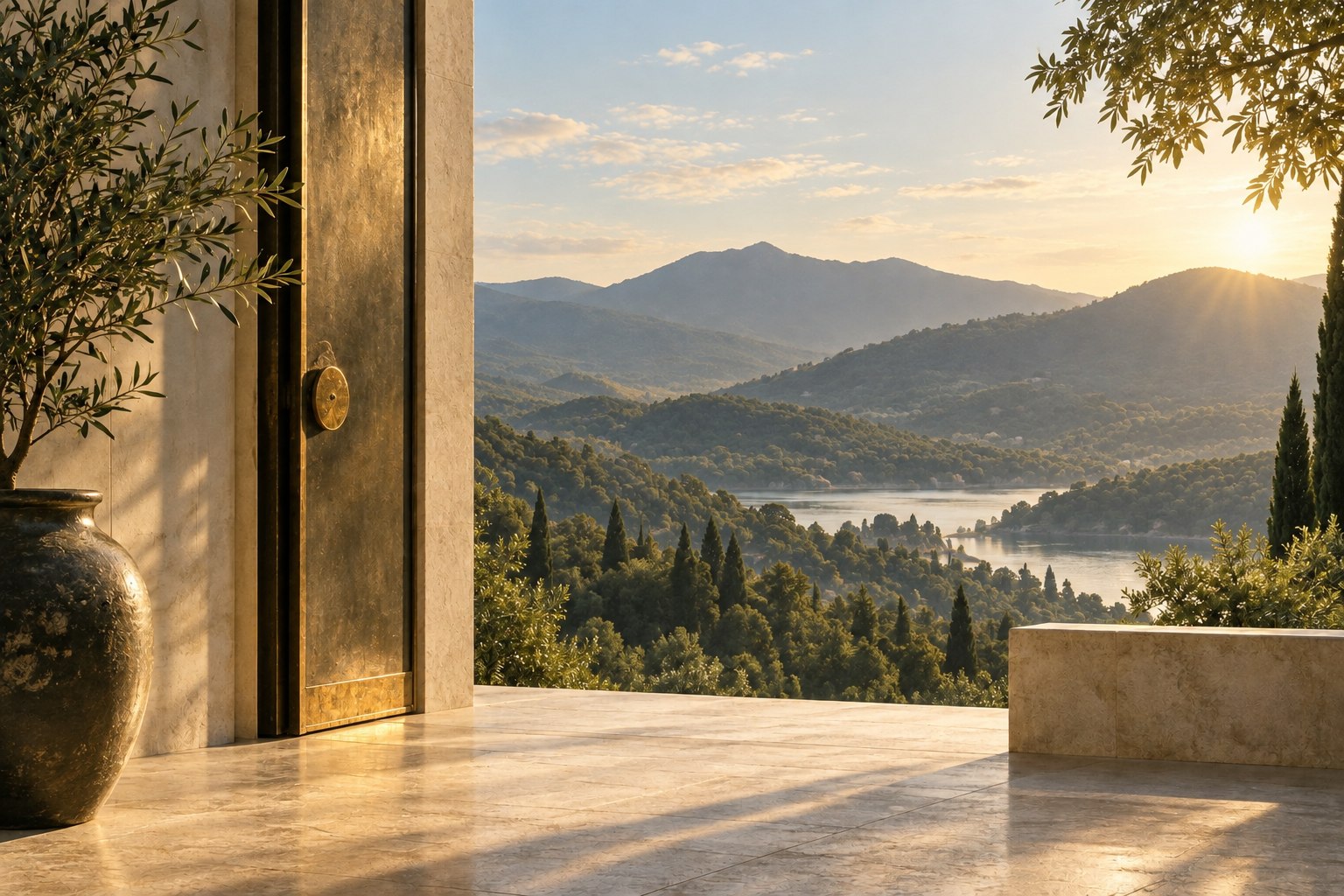 The same mountain view beyond the open threshold, now clear in morning sunlight