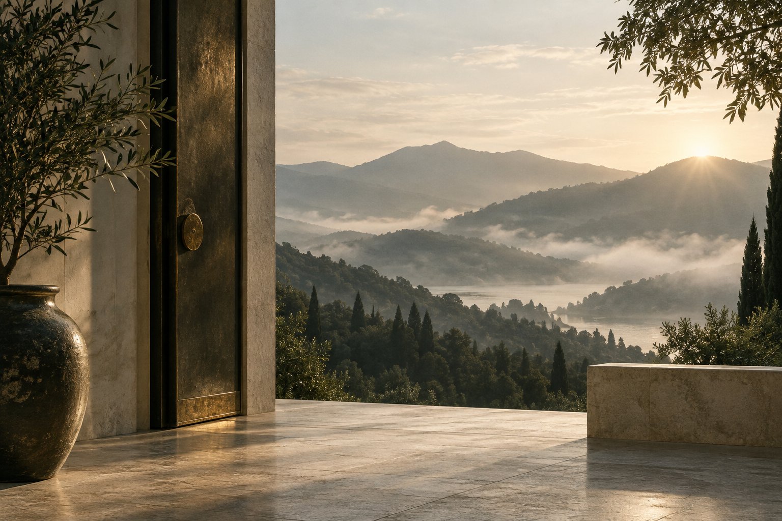 Morning light over mountains, seen from a quiet open threshold